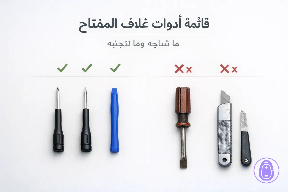 أدوات مرتبة لاستبدال غلاف مفتاح السيارة، مثل مفكات صغيرة وأدوات فتح.