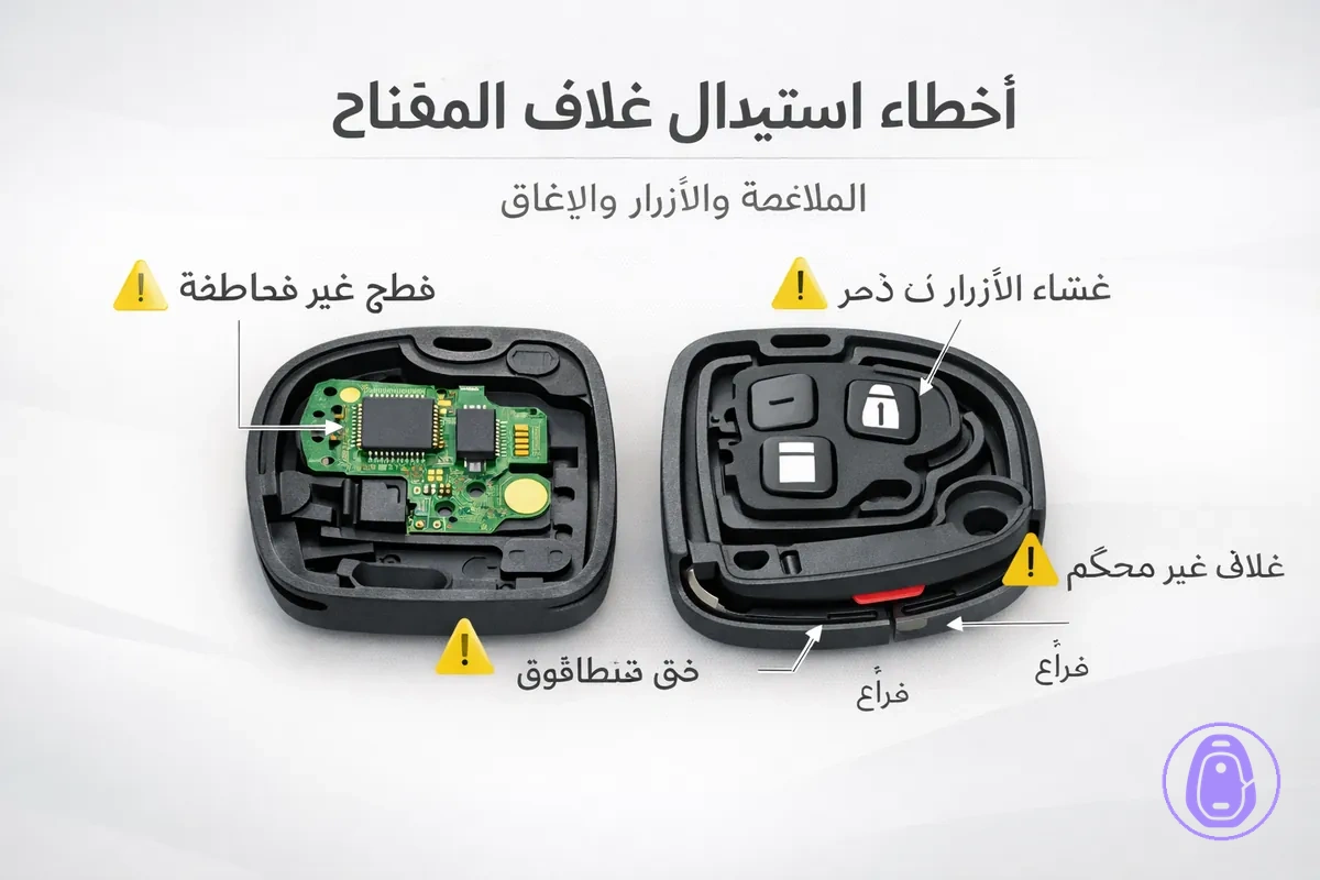 رسمة توضح أخطاء شائعة في استبدال الغلاف مثل أجزاء غير محاذية ووسادة أزرار مضغوطة.