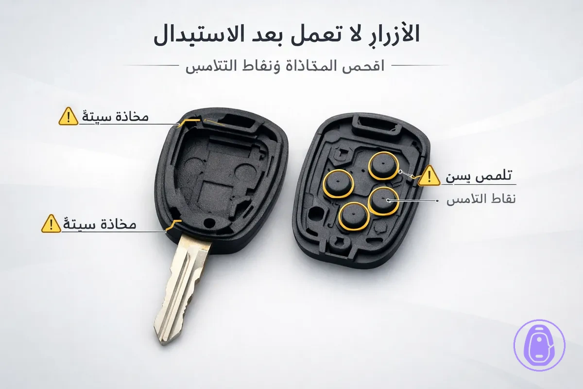 رسمة لغلاف مفتاح السيارة مع أزرار غير مستجيبة توضح المحاذاة ونقاط تلامس وسادة الأزرار.