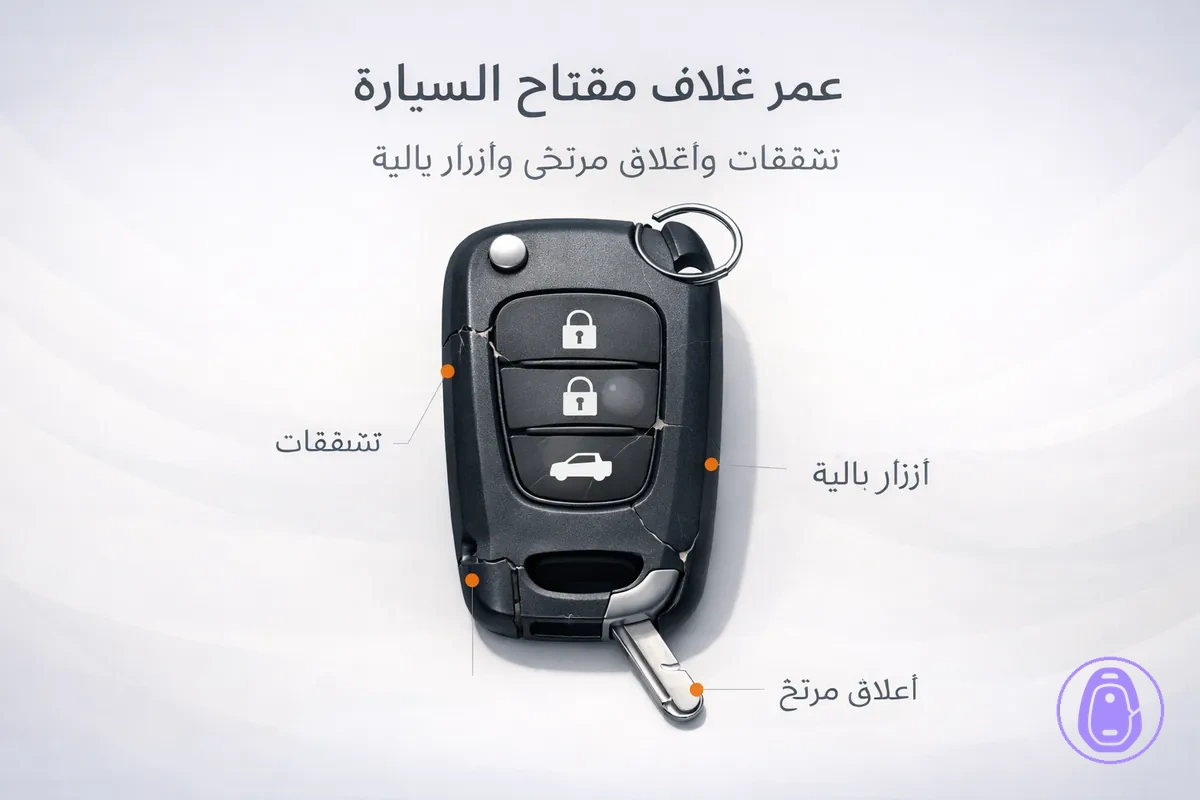 رسمة لعلامات تآكل غلاف مفتاح السيارة مثل التشققات والإغلاق المرتخي والأزرار البالية.