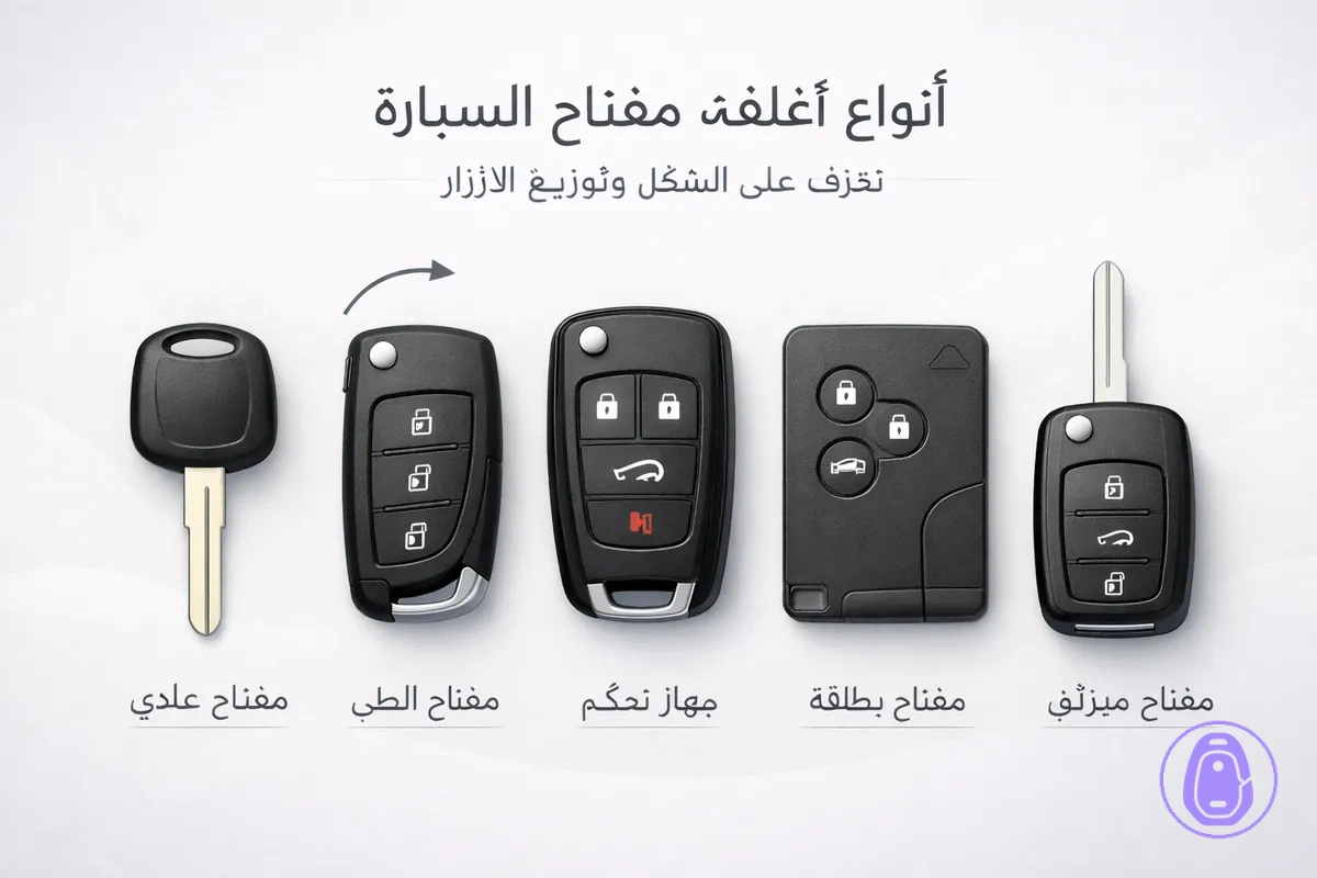 رسمة توضح أشكال أغلفة مفتاح السيارة المختلفة حسب الشكل وتوزيع الأزرار.