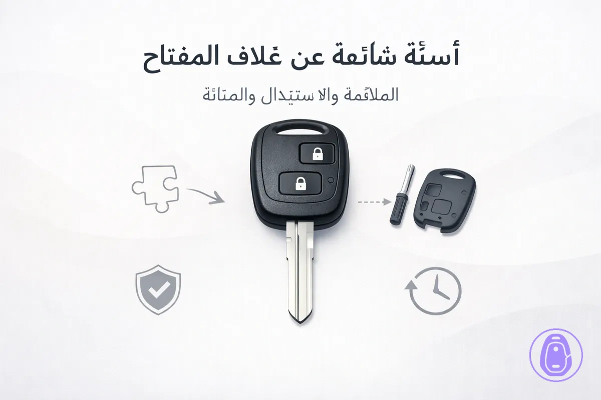 رسمة بأسلوب الأسئلة الشائعة عن غلاف مفتاح السيارة حول الملاءمة والاستبدال والمتانة.