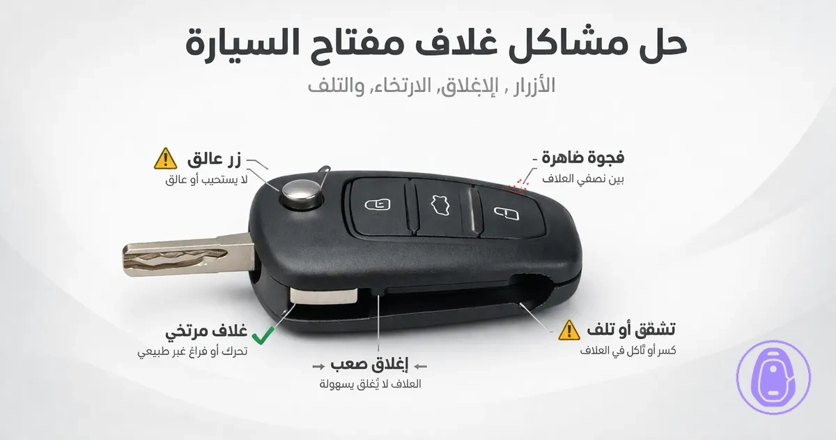 رسمة لحل المشاكل الشائعة في غلاف مفتاح السيارة مثل أزرار عالقة، فراغات، وملاءمة رخوة.