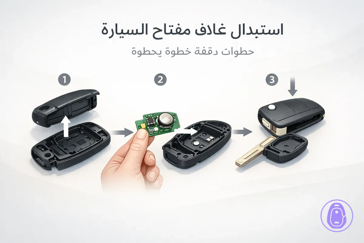 رسمة خطوة بخطوة لفتح غلاف مفتاح السيارة ثم إعادة تركيبه بعد نقل المكونات.