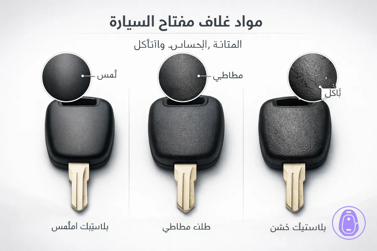 رسمة مقربة تقارن مواد غلاف مفتاح السيارة والتشطيبات السطحية من حيث الثبات والتآكل.