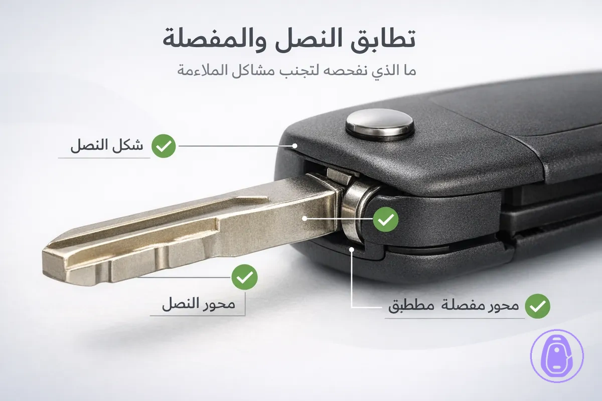 رسمة مقربة لمنطقة النصل ونقطة المفصلة/الدوران في غلاف مفتاح السيارة لفحوصات التوافق.
