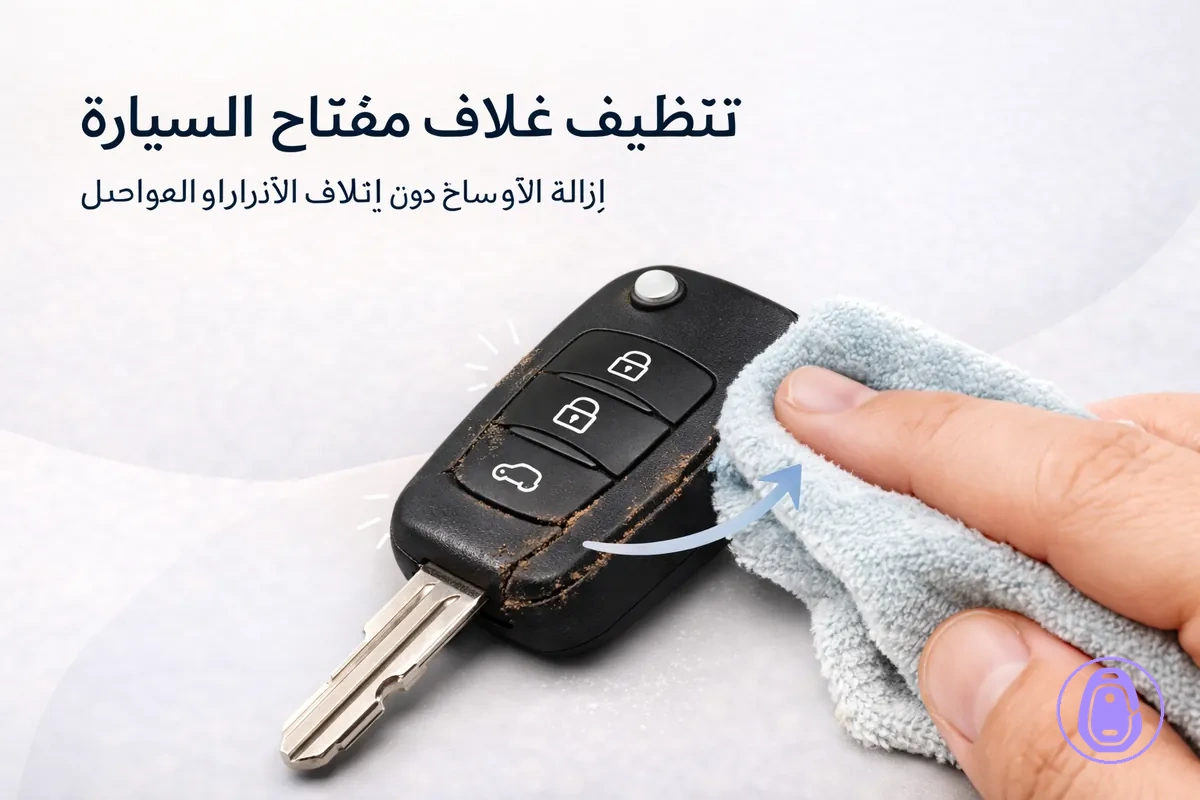 رسمة لتنظيف غلاف مفتاح السيارة تركز على الفواصل ومناطق الأزرار.