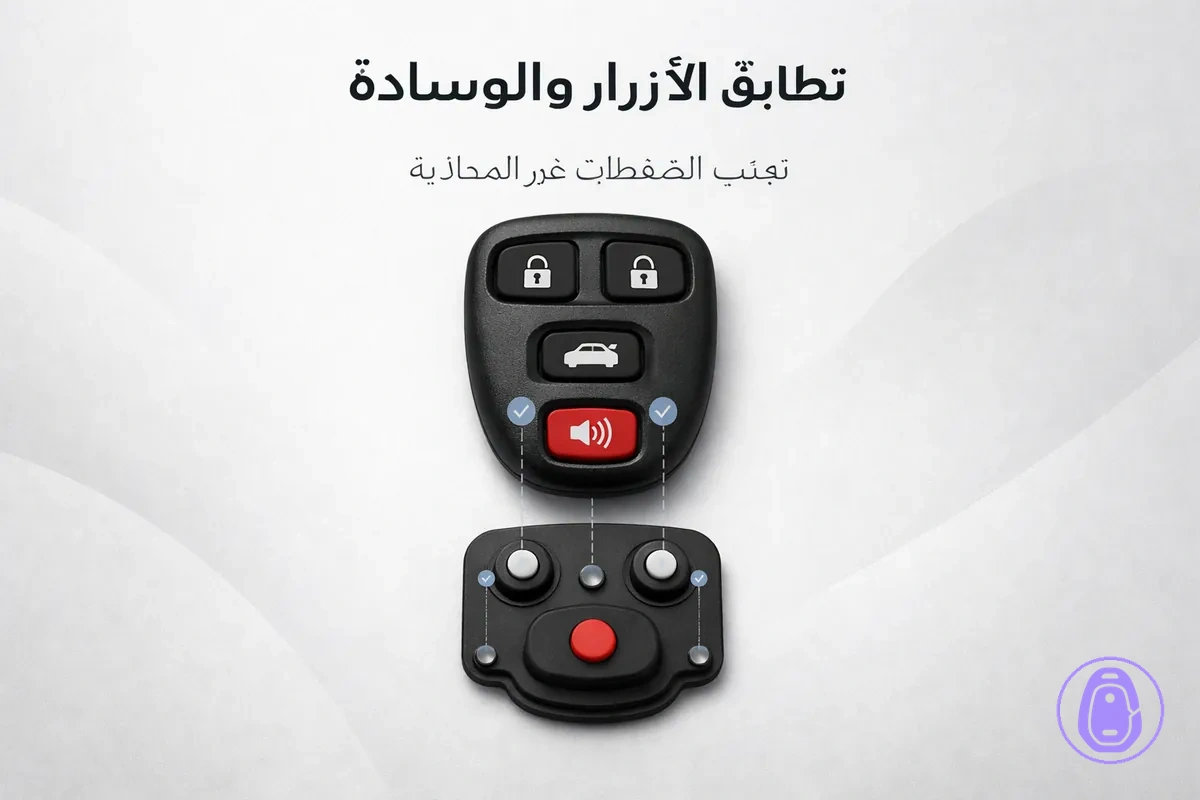 رسمة من الأعلى لتوزيع أزرار غلاف مفتاح السيارة مع وسادة أزرار مطابقة أسفلها.