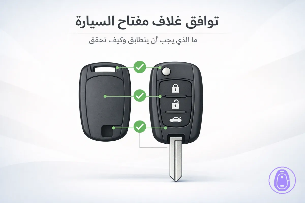 رسمة لفحص ملاءمة غلاف مفتاح السيارة توضح الشكل وتوزيع الأزرار ومحاذاة منطقة النصل.