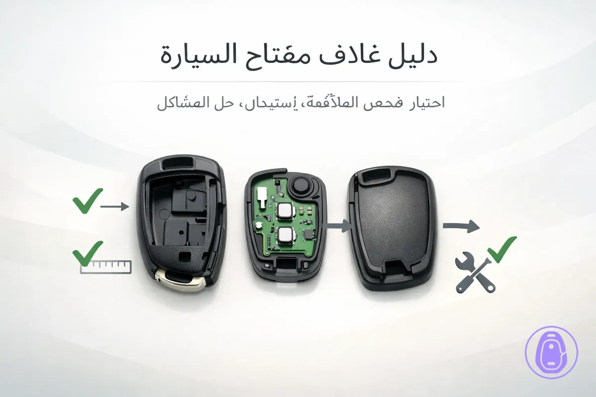 رسمة تلخص موضوعات غلاف مفتاح السيارة: الاختيار، فحص الملاءمة، الاستبدال، وحل المشاكل.
