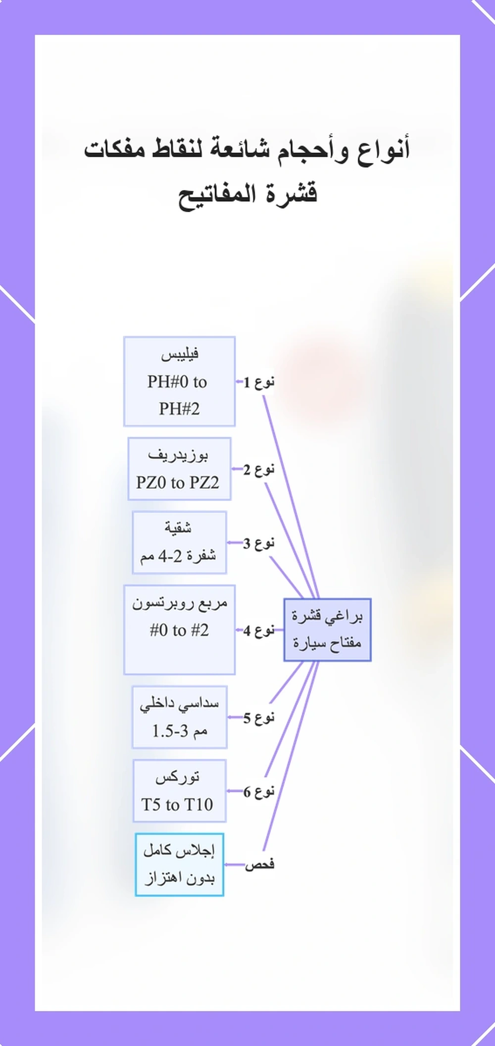 أنواع وأحجام شائعة لنقاط مفكات قشرة المفاتيح