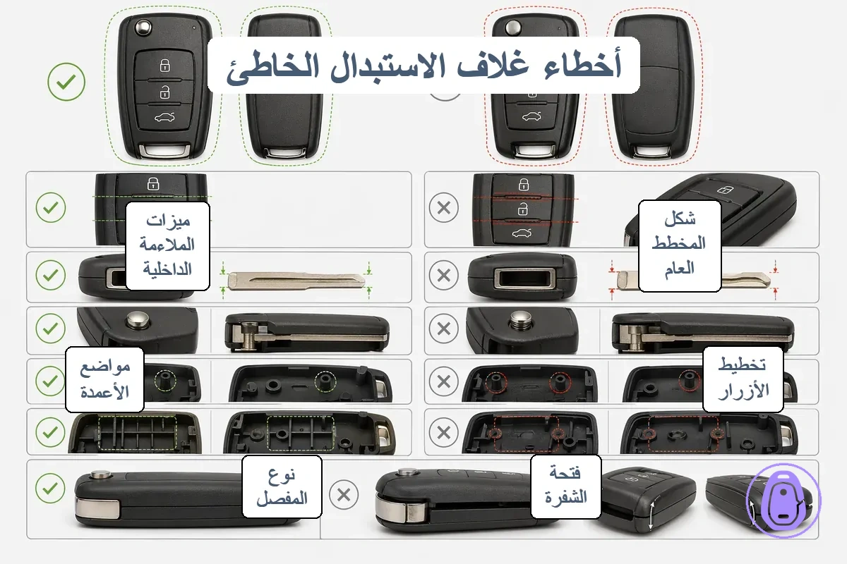 رسم بياني مقارن يظهر نقاط التطابق الصحيحة مقابل الخاطئة لغلاف مفتاح السيارة بما في ذلك تخطيط الأزرار ومنطقة المفصل.