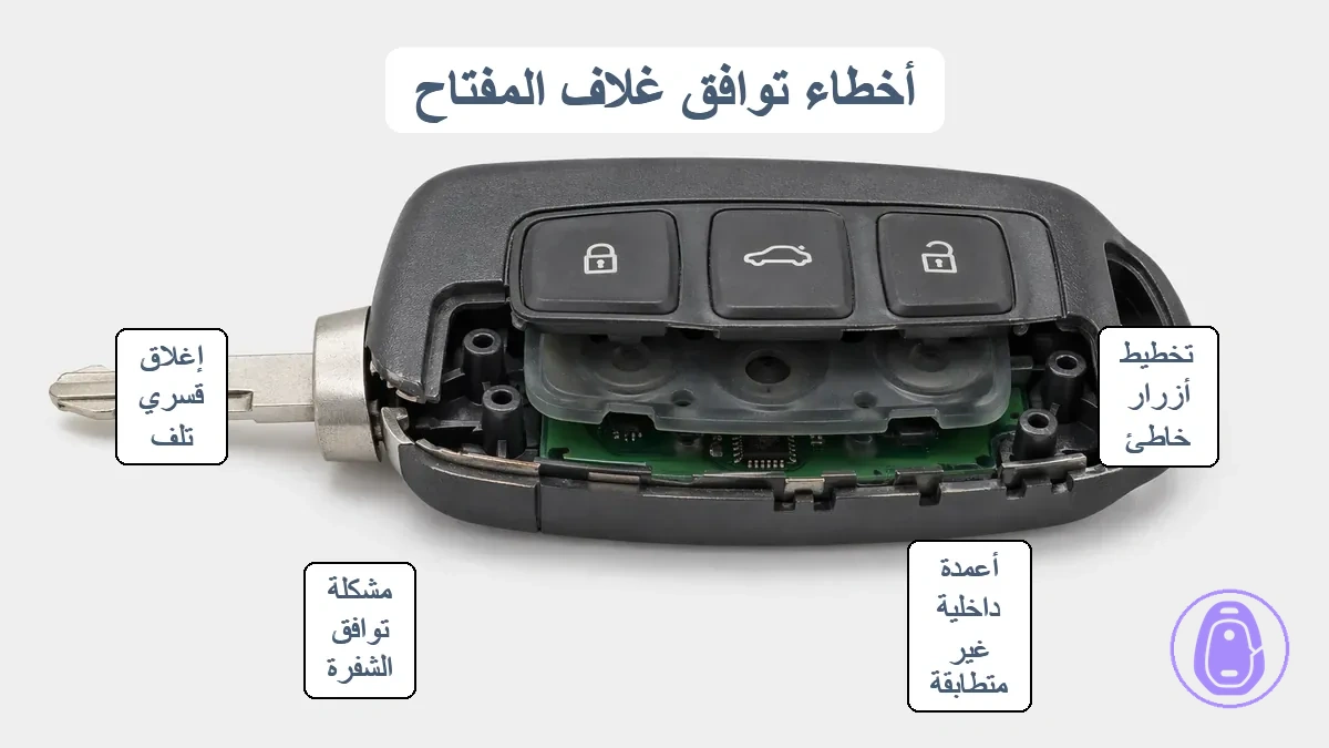 رسم توضيحي لأخطاء ملاءمة غلاف مفتاح السيارة مثل عدم توافق الأزرار أو الدعامات المختلفة مما يسبب مشكلات إغلاق وتكاليف إضافية.