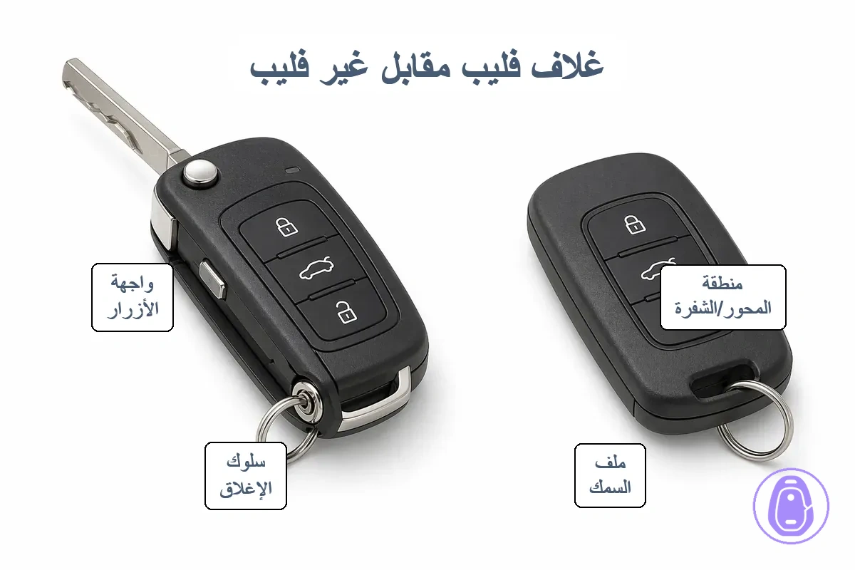 رسم بياني مقارن يظهر عوامل الشكل لأغلفة مفاتيح السيارة القلبية وغير القلبية وعلامات التعرف الرئيسية.