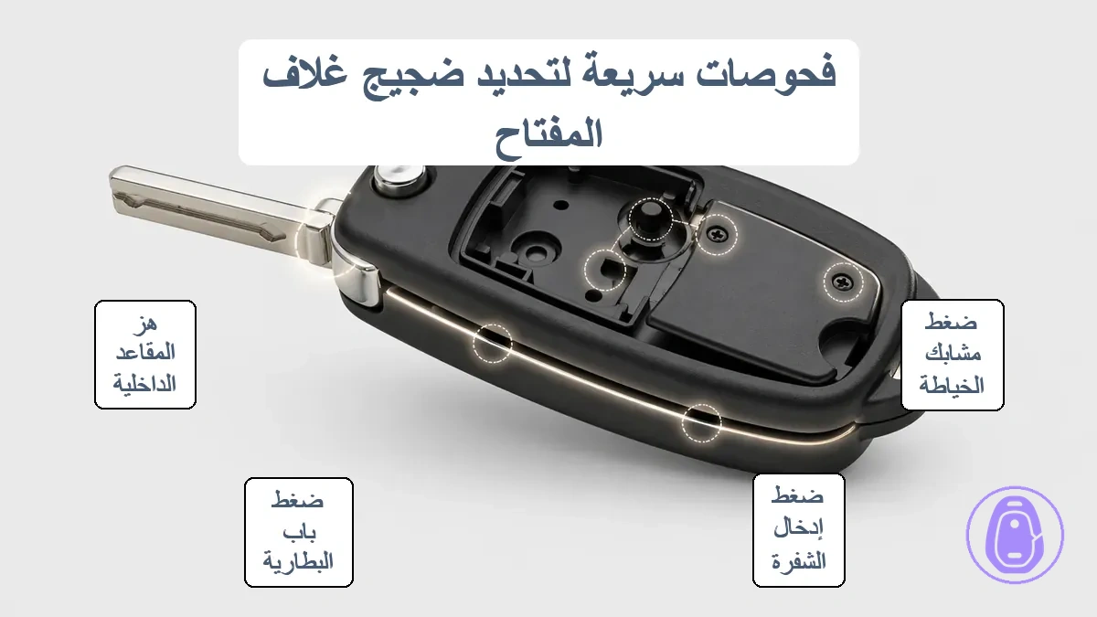 رسم بياني لـغلاف مفتاح السيارة يظهر الدرز، منطقة الشفرة، باب البطارية، ومناطق فحص التثبيت الداخلي