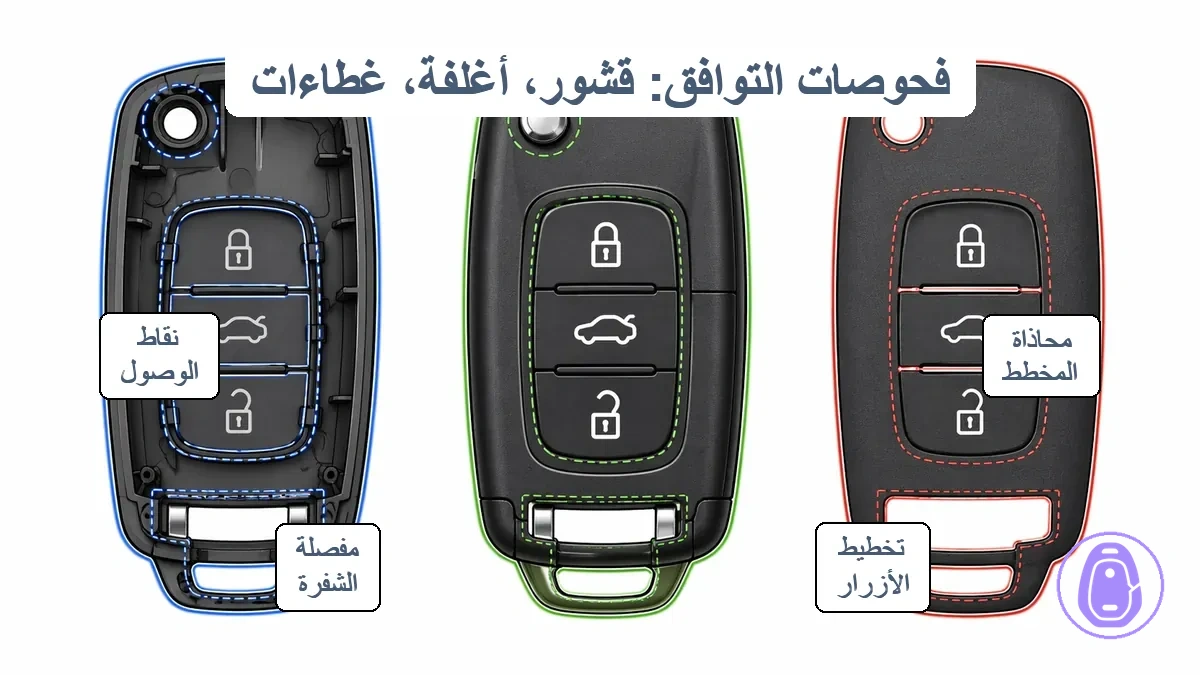 رسم توضيحي مميز يظهر مخطط ريموت المفتاح وتخطيط الأزرار ومنطقة المرفق/الشفرة كنقاط فحص التوافق الرئيسية.