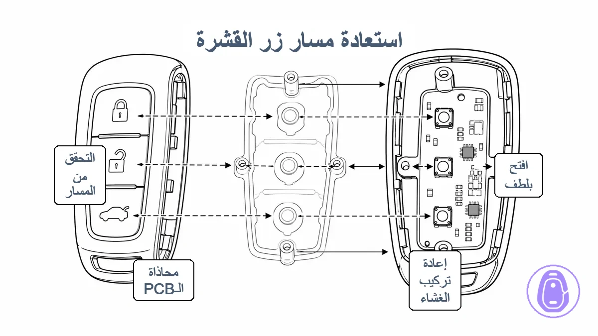 رسم بياني مبسط للتوافق يظهر نصفي غلاف مفتاح السيارة والغشاء المطاطي ولوحة الدوائر المطبوعة وأعمدة التوافق مع أسهم تشير إلى التركيب الصحيح ومسار سير الزر.