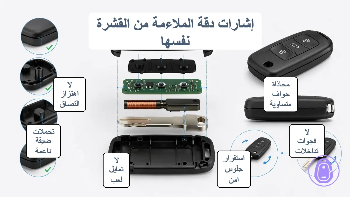 إشارات التحقق من دقة ملاءمة غلاف مفتاح السيارة مثل المحاذاة واستقرار الجلوس