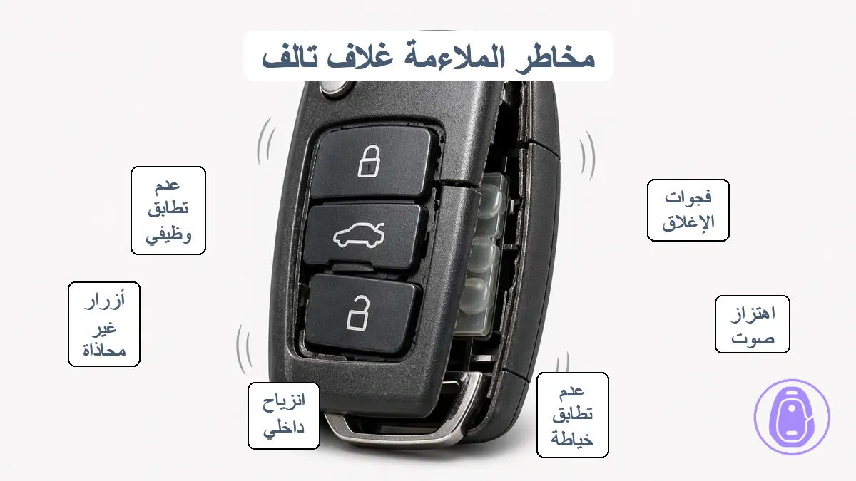 غلاف مفتاح سيارة تالف يظهر مخاطر الملاءمة بما في ذلك الفجوات والاهتزاز وعدم توافق الخياطة