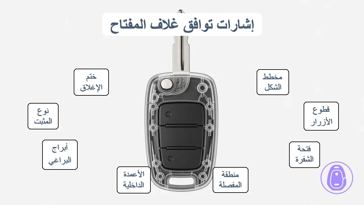 رسم توضيحي موسوم يظهر تراكب مخطط غلاف المفتاح مع محاذاة نوافذ الأزرار، منطقة الشفرة/المفصلة، ومواضع الأعمدة الداخلية المسماة بشكل عام.