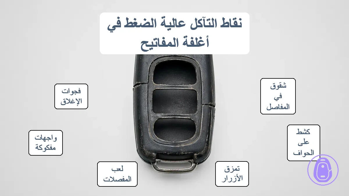 غلاف مفتاح سيارة مع تسميات يبرز نقاط الخياطة والمفصل وتآكل الأزرار.