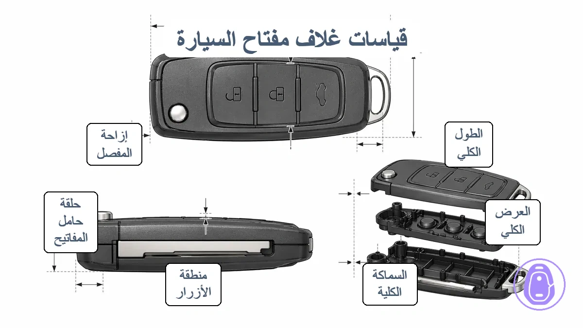 رسم بياني لنقاط قياس غلاف مفتاح السيارة بما في ذلك الطول والعرض والسماكة الكلية ومنطقة الأزرار وحلقة المفتاح وححد المفصلة؛