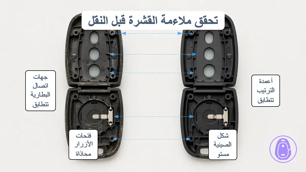 صورة توضيحية مقربة للغلافين مفتاح السيارة تظهر الدعامات التوافقية، فتحات الأزرار، وجهات اتصال البطارية مع أسهم تشير إلى المناطق التي يجب أن تتوافق.
