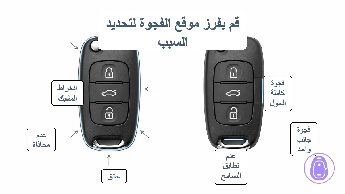 رسم تخطيطي لغلاف مفتاح السيارة يبرز مناطق الفجوات عند الأزرار، والشفرة/المرفق، ونهاية حلقة المفاتيح مع أسهم لفجوات جانب واحد وفجوات محيطية.
