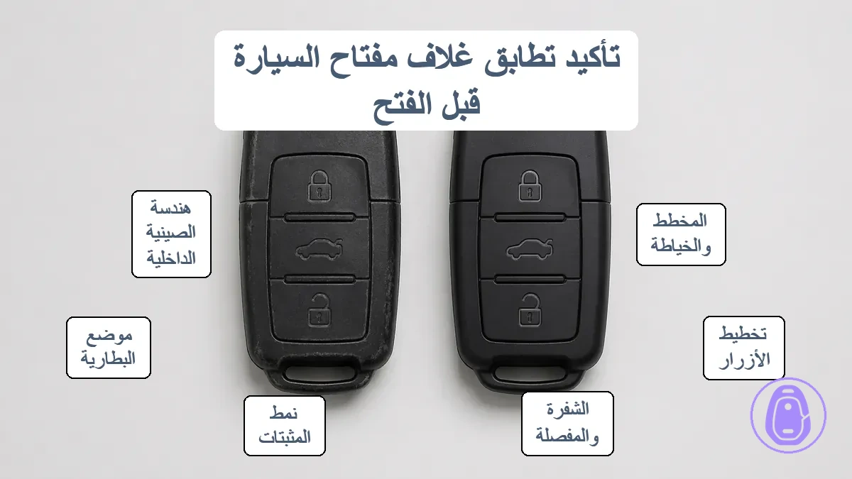 مقارنة بصرية لمخطط غلاف مفتاح السيارة والخياطة والأزرار ومنطقة الشفرة والتخطيط الداخلي لتأكيد التطابق.