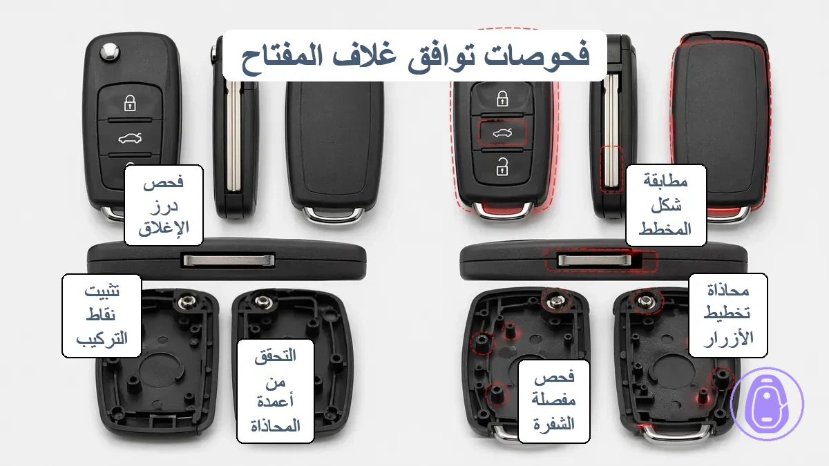 رسم توضيحي لفحص التوافق لغلاف مفتاح السيارة يظهر شكل المخطط، تخطيط الأزرار، مرفق الشفرة، ونقاط التثبيت الداخلية.