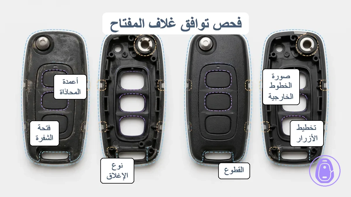 رسم توضيحي مع تعليقات يظهر تطابق محيط غلاف مفتاح السيارة، تباعد تخطيط الأزرار، القطوع، ومنطقة الشفرة/المفصلة.