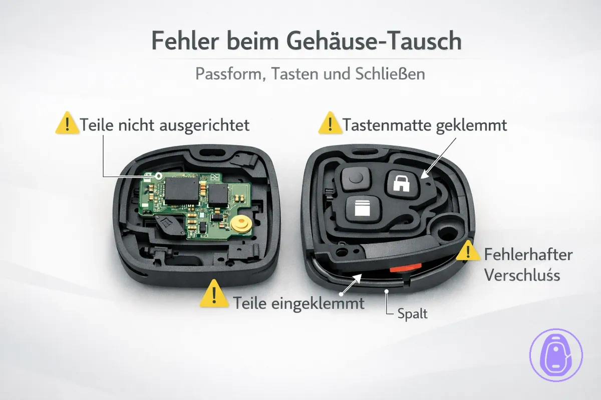 Illustration typischer Fehler beim Autoschlüsselgehäuse-Austausch, etwa falsch ausgerichtete Teile und eingeklemmte Tastenmatten.