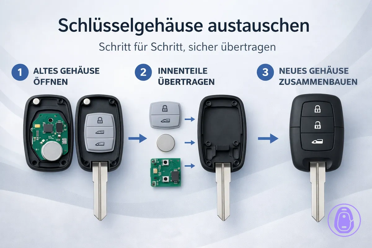 Schritt-für-Schritt-Illustration zum Austausch eines Autoschlüsselgehäuses und zum korrekten Zusammenbau nach dem Übertragen.