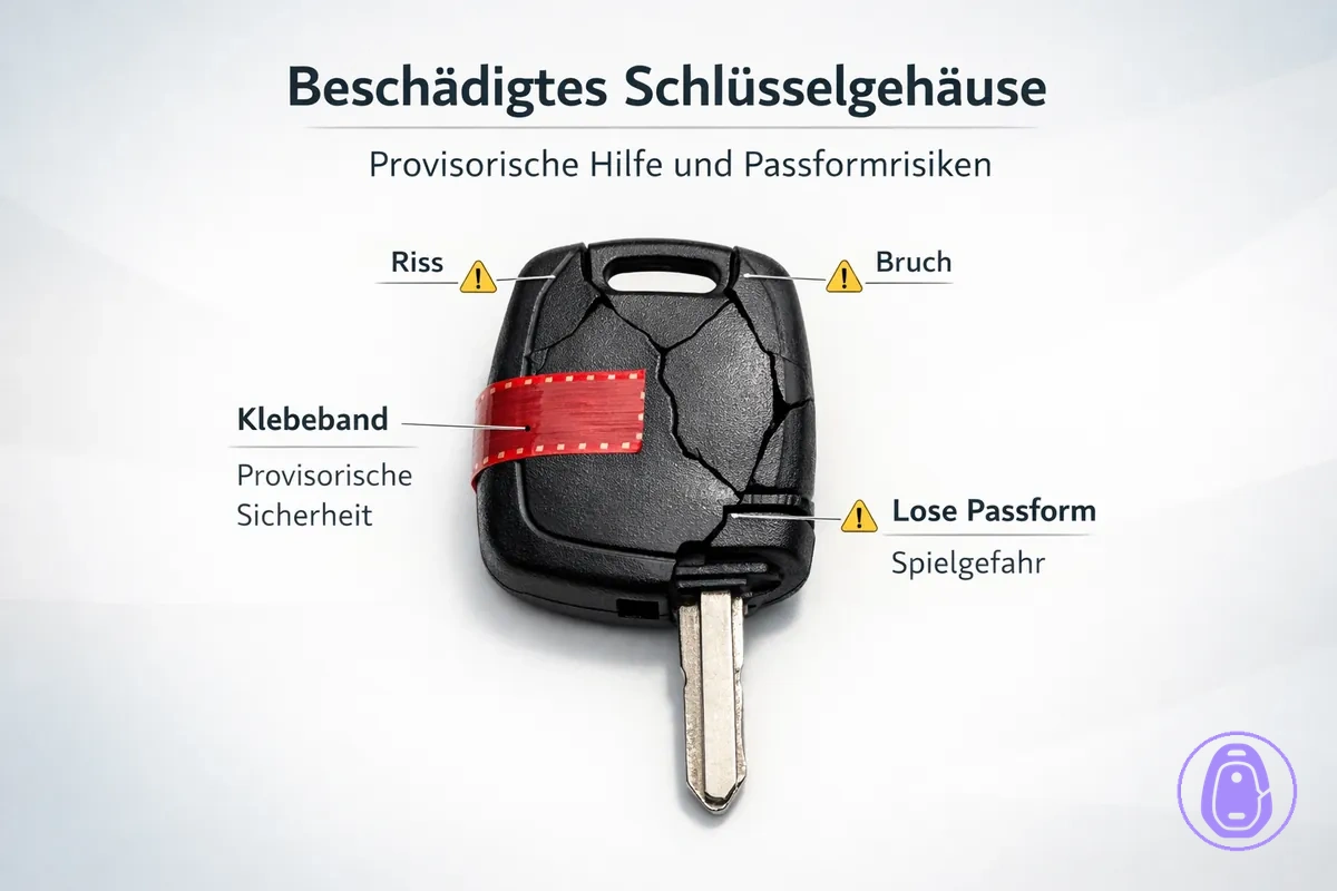 Illustration eines rissigen Autoschlüsselgehäuses mit typischen Bruchstellen und Gründen, warum sich die Passform ändern kann.