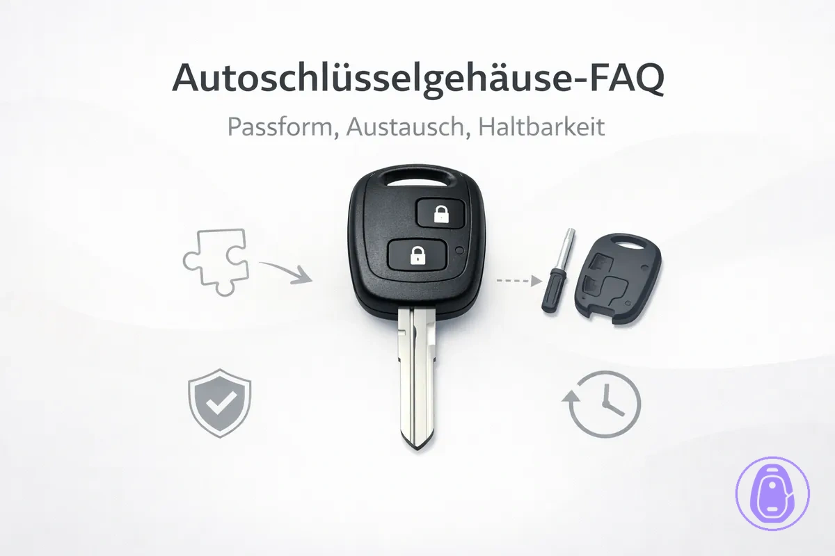 FAQ-Illustration zu Fragen rund um Passform, Austausch und Haltbarkeit beim Autoschlüsselgehäuse.