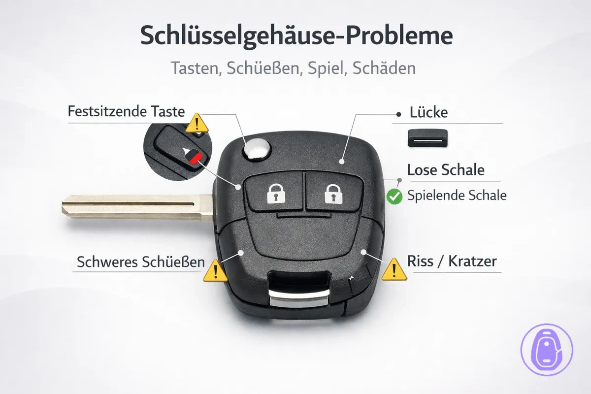 Fehlerbehebungs-Illustration für typische Autoschlüsselgehäuse-Probleme wie klemmende Tasten, Spalte und lockeren Sitz.