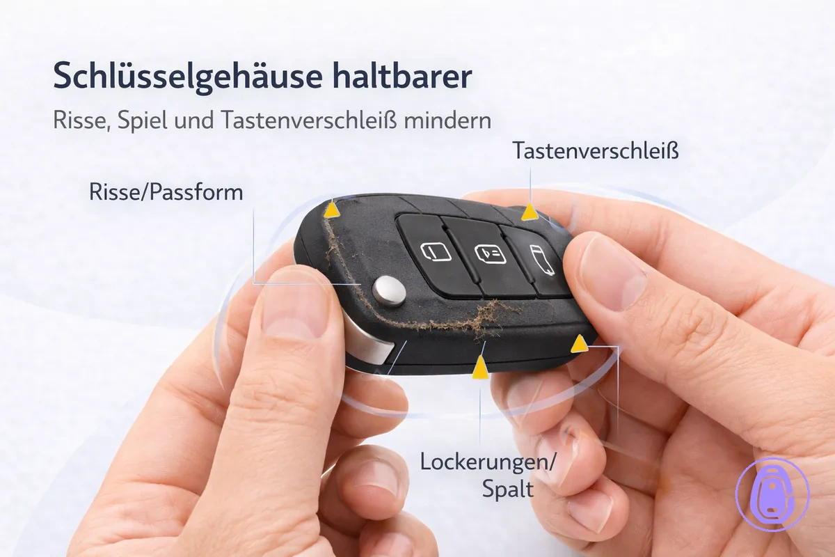 Illustration von Verschleißpunkten am Autoschlüsselgehäuse und wie schonender Umgang Schäden reduziert.