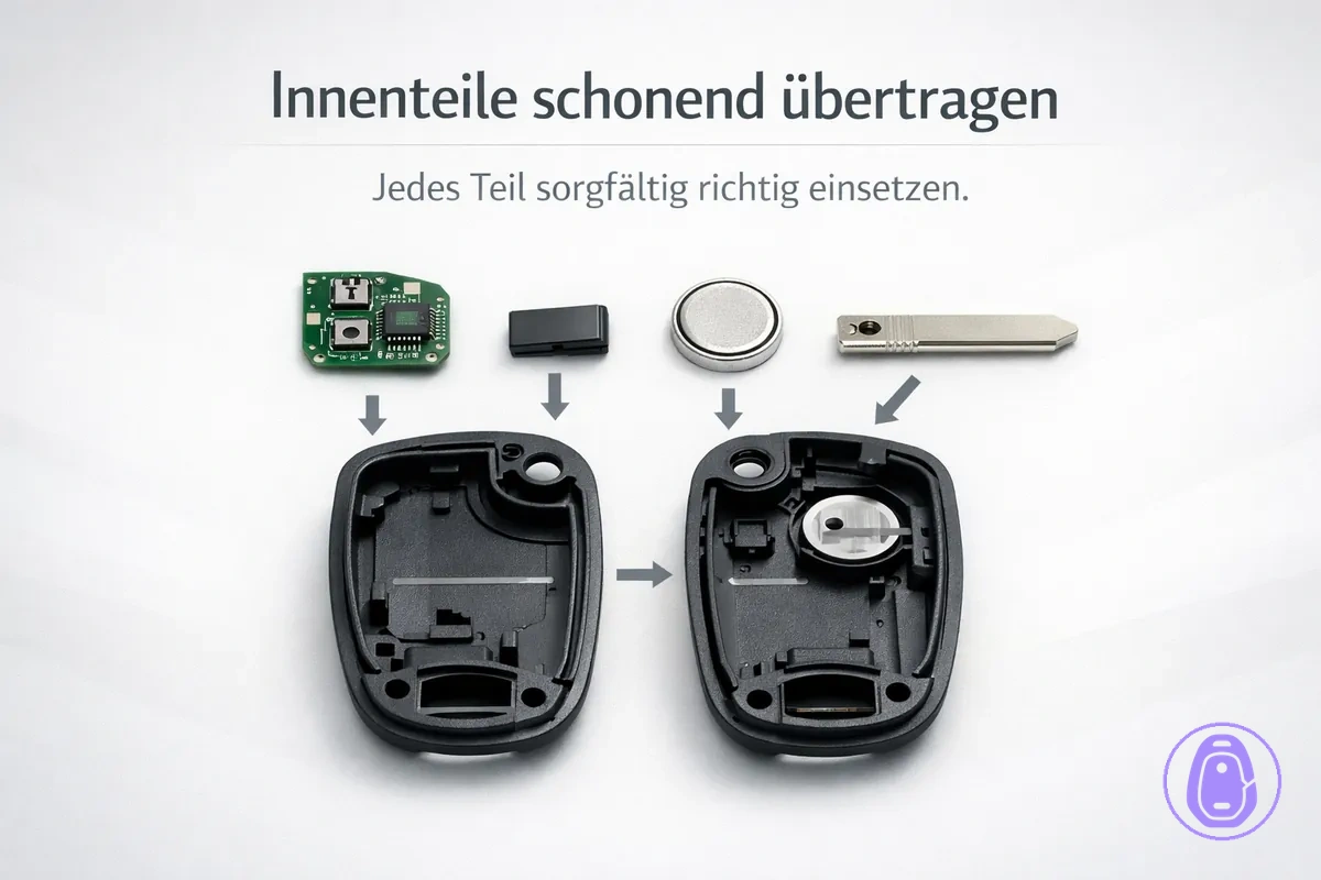 Illustration eines geöffneten Autoschlüsselgehäuses, die zeigt, wo die Innenteile beim Übertragen sitzen.