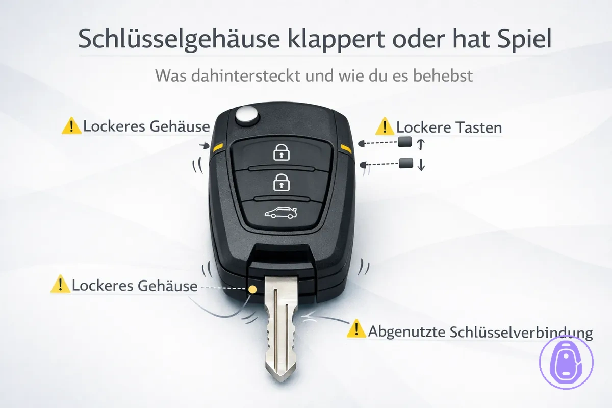 Illustration eines lockeren Autoschlüsselgehäuses mit Bewegungspunkten, die Klappern verursachen können.