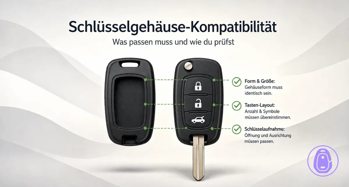 Passform-Illustration zur Kompatibilität eines Autoschlüsselgehäuses: Form, Tastenlayout und Ausrichtung des Schlüsselbereichs.