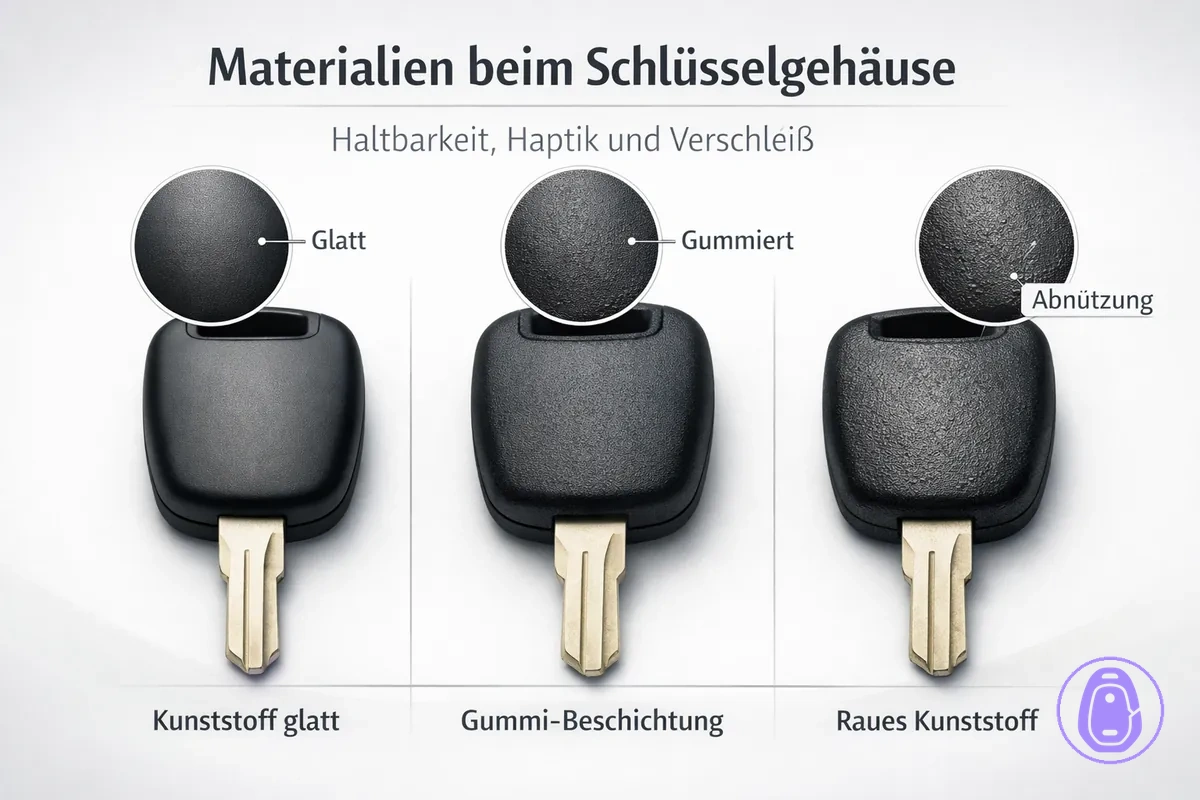 Nahaufnahme zum Vergleich von Materialien und Oberflächen eines Autoschlüsselgehäuses – für Grip und Verschleiß.
