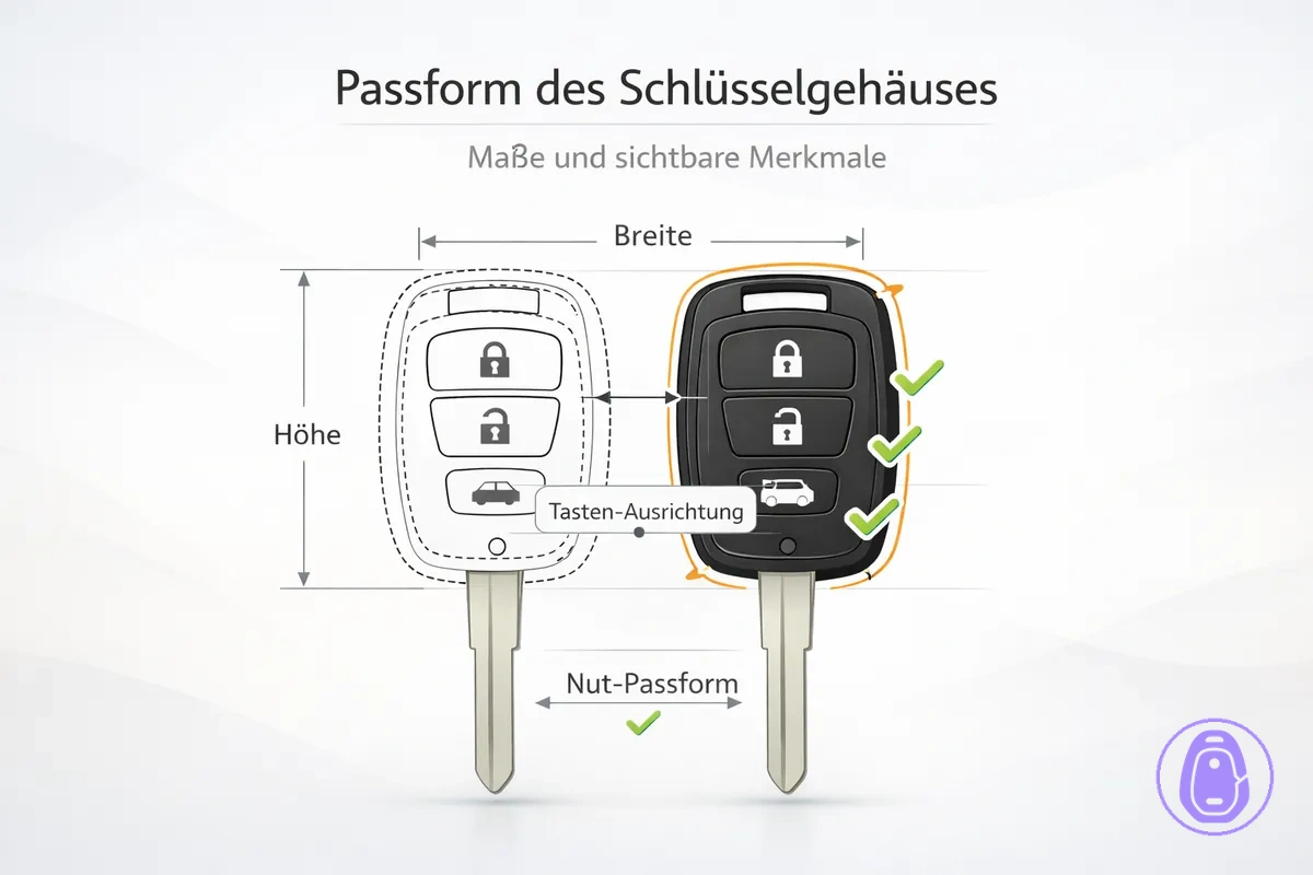 Maß- und Umriss-Illustration, um die Passform eines Autoschlüsselgehäuses vor dem Kauf zu bestätigen.