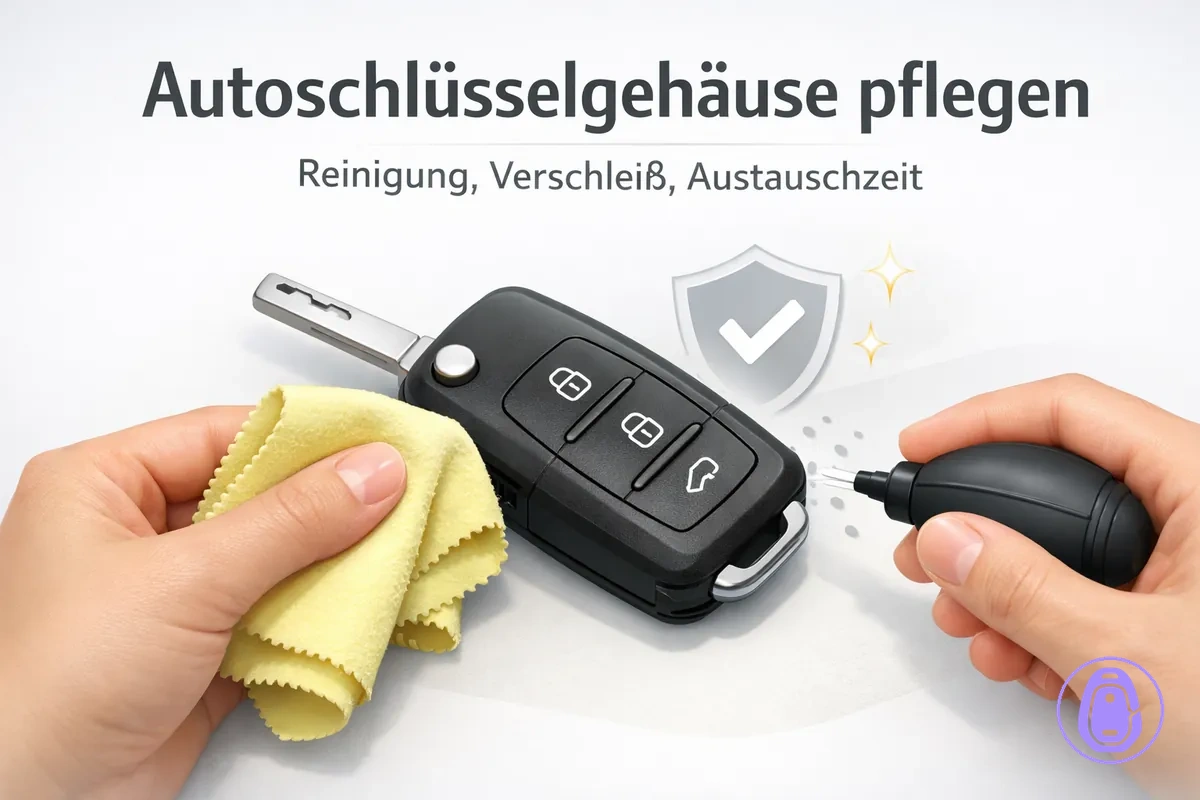 Pflege-Illustration zum Reinigen und Schützen eines Autoschlüsselgehäuses vor Abnutzung.