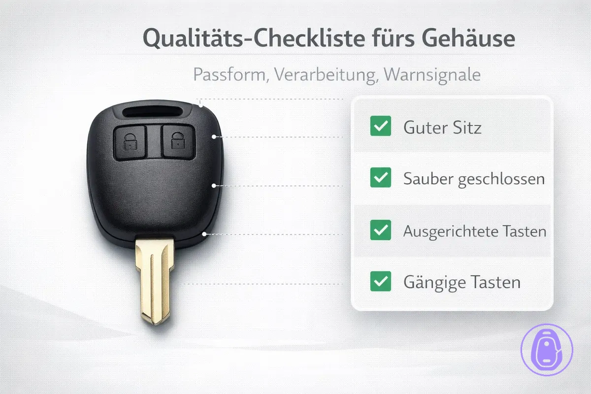 Checkliste zur Bewertung der Autoschlüsselgehäuse-Qualität: Passform, Ausrichtung, Schließen und Tastenweg.