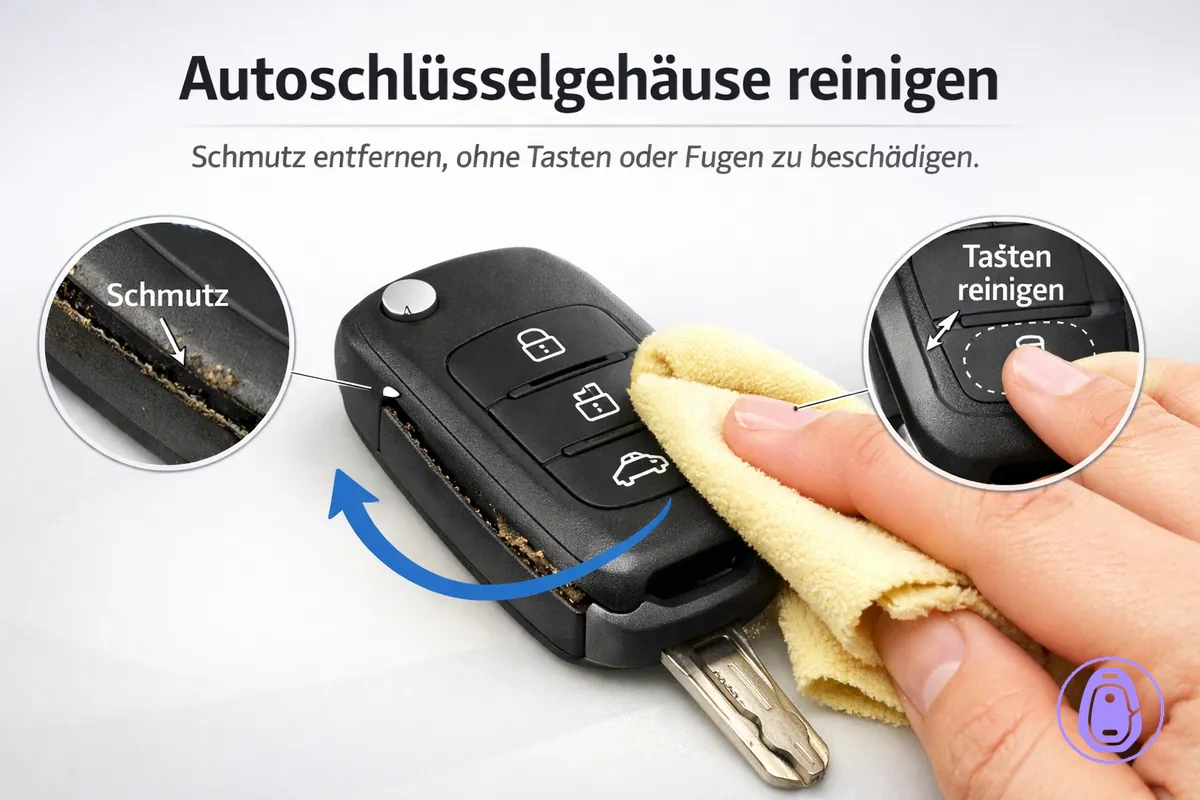 Reinigungsillustration für ein Autoschlüsselgehäuse mit Fokus auf Fugen und Tastenbereiche.