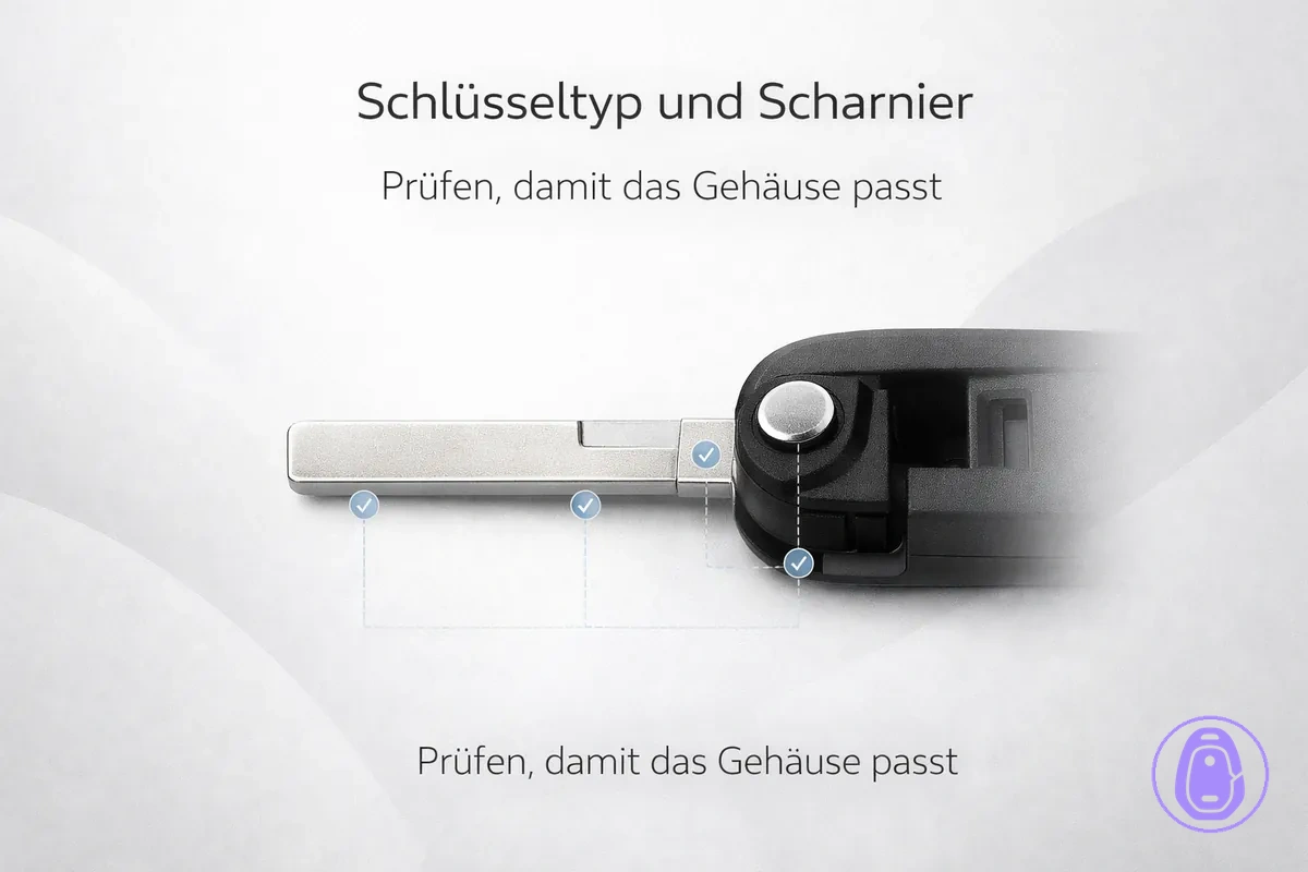Nahaufnahme des Schlüsselbereichs und Scharnier-/Drehpunkts für Kompatibilitätsprüfungen beim Autoschlüsselgehäuse.