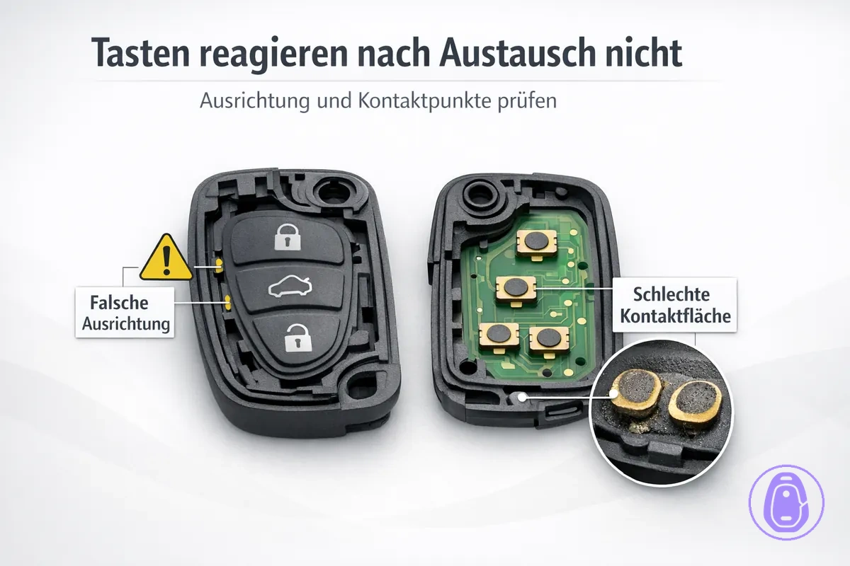 Illustration eines Autoschlüsselgehäuses mit unempfindlichen Tasten, mit Fokus auf Ausrichtung und Kontaktpunkte der Tastenmatte.