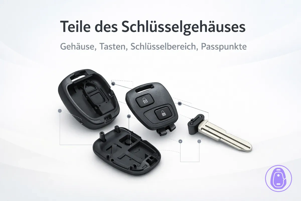 Explosionsdarstellung der Autoschlüsselgehäuse-Teile wie Gehäusehälften, Tastenmattenbereich und Schlüsselteil.
