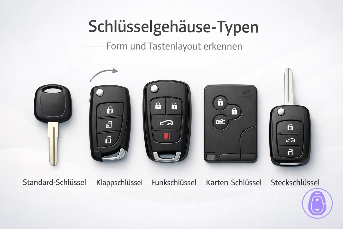 Illustration verschiedener Autoschlüsselgehäuse-Bauformen nach Form und Tastenlayout.