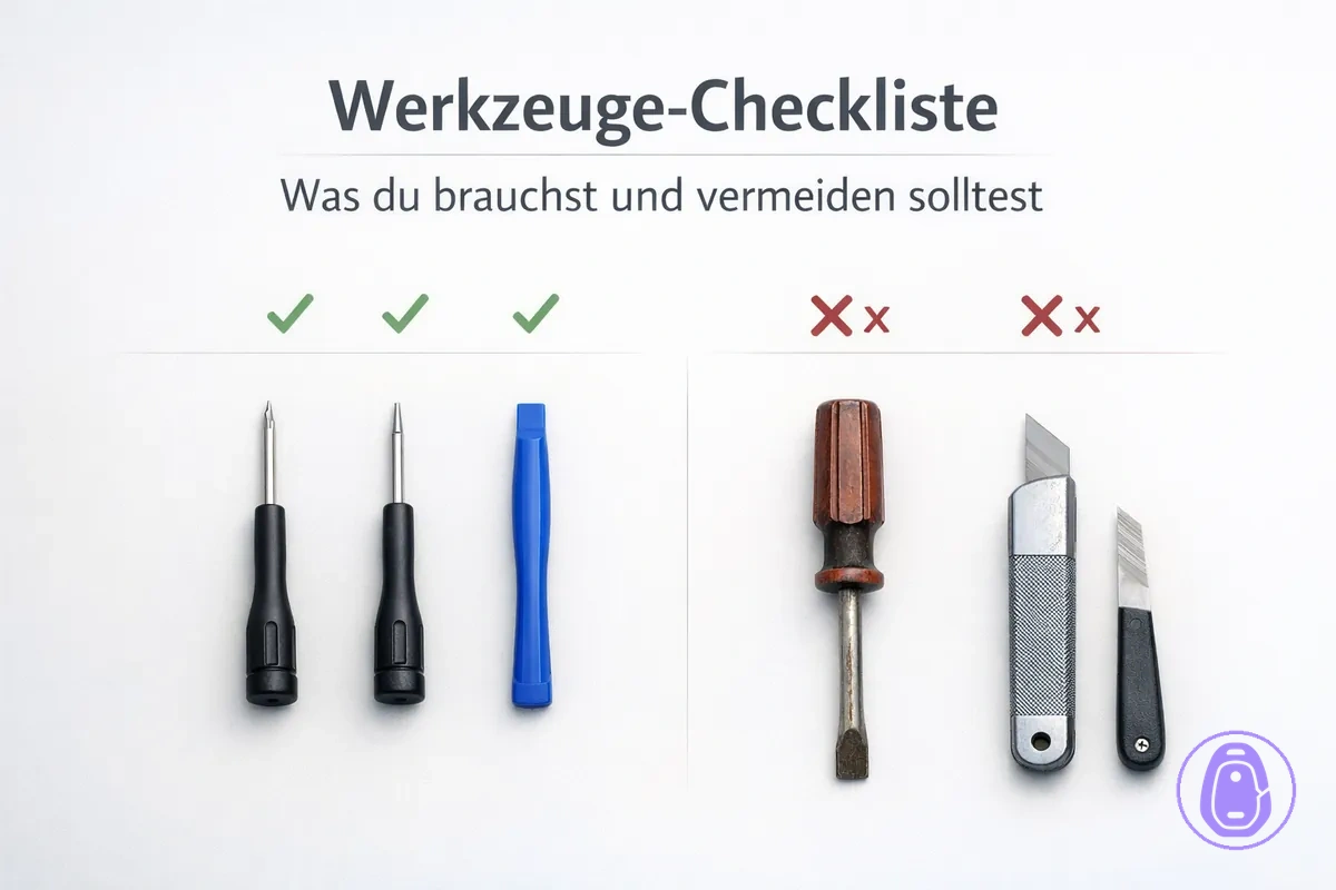 Ausgelegte Werkzeuge für den Autoschlüsselgehäuse-Austausch, darunter kleine Schraubendreher und Hebelwerkzeuge.